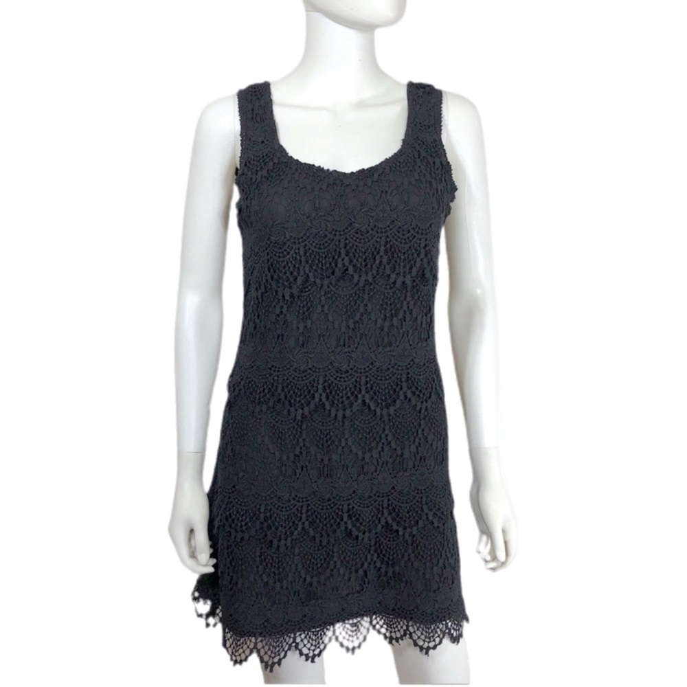 Miss Me Tiered Scalloped Crochet Lace Sleeveless Little Black Dress